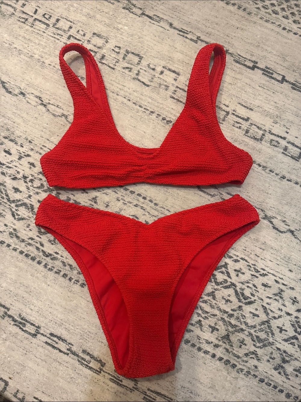 La Hearts Red Textured Bikini Bottoms and Bandeau Top
